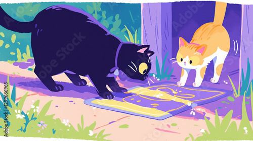 Vibrant illustration of three kittens playing and frolicking. Colorful and playful child-oriented artwork.