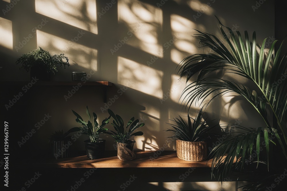 Fototapeta premium Sunlit Indoor Plants with Shadows on Wall in Modern Interior Design