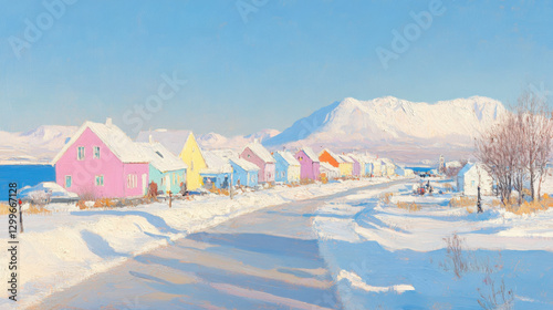 A row of colourful shops lines a road in the winter town of Yakrevik, Iceland.sunny weather, soft light, high detail,Impressionist oil in wood, oil in small strokes