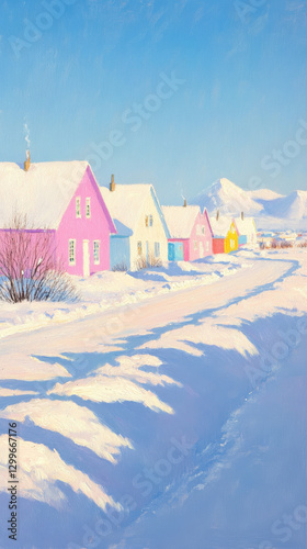 A row of colourful shops lines a road in the winter town of Yakrevik, Iceland.sunny weather, soft light, high detail,Impressionist oil in wood, oil in small strokes