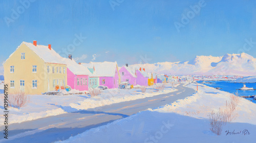 A row of colourful shops lines a road in the winter town of Yakrevik, Iceland.sunny weather, soft light, high detail,Impressionist oil in wood, oil in small strokes