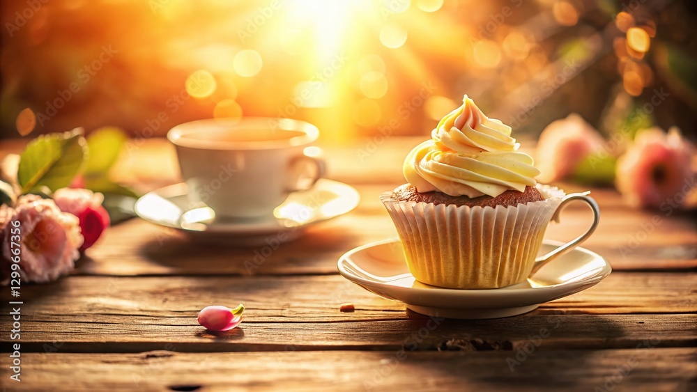 Fototapeta premium Romantic Afternoon Tea Date: Cupcake & Teacup Stock Photo