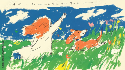 Little girl leading dachshund through field path in fairy tale illustration style. Joyful outdoor scene with soft lighting.