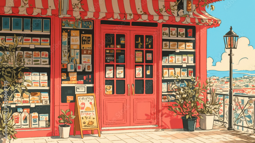 Fototapeta premium Summer Chill at Local Convenience Store with Soft Lighting and Vibrant Colors. A Peaceful Urban Retreat.