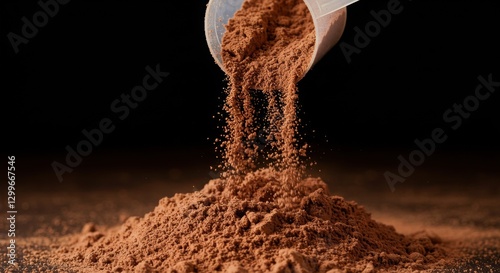 A high-angle, close-up shot of the chocolate protein powder being poured from the scoop. Focus on the texture, color, and flow of the powder. Use dramatic lighting to create a sense of richness.