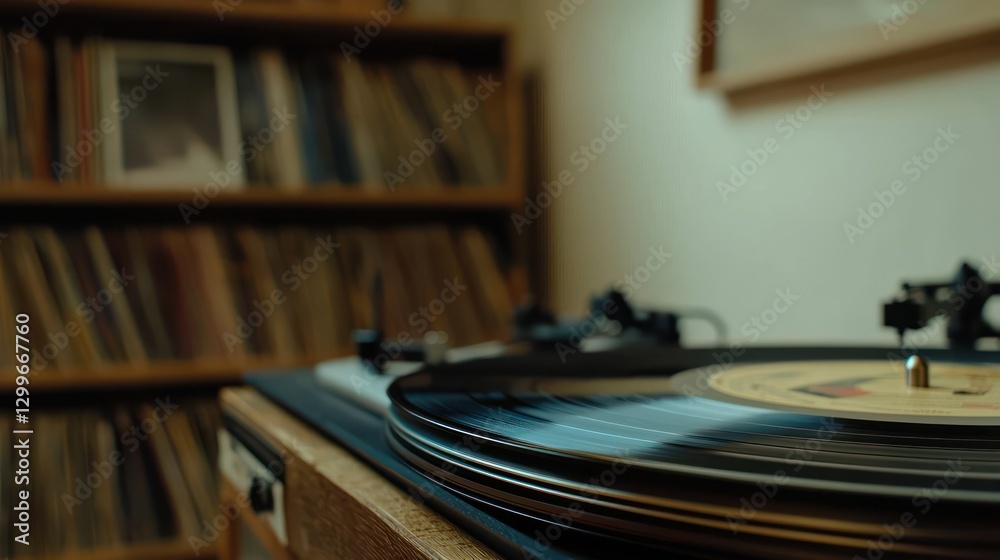 Obraz premium Nostalgic vinyl record player playing music album collection classic aesthetic wooden shelf home entertainment