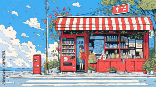 Summer Chill at Local Convenience Store with Soft Lighting and Vibrant Colors. A Peaceful Urban Retreat.