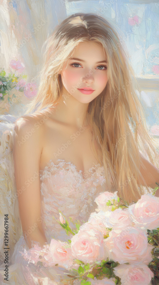 Obraz premium A beautiful girl with long hair, holding a large bouquet of roses in a selfie, the background is simple and the light is soft.high detail