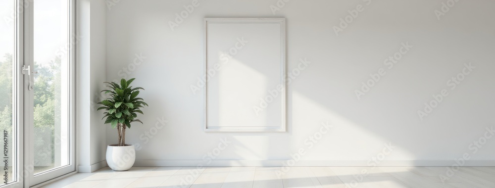 Minimalist White Interior with Blank Frame and White Tile Floor. Ideal for mockup, showcasing artwork, posters Minimalist White Interior with Blank Frame and White Tile Floor. Ideal for mockup, showcasing artwork, posters