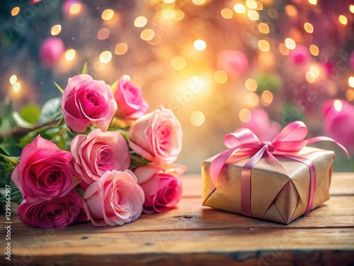 Romantic Double Exposure: Pink Roses, Flowers & Gift on Table - Valentine's Day Background