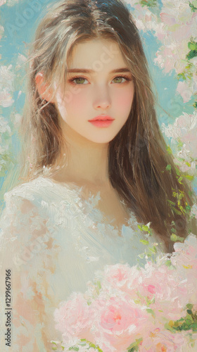 A beautiful girl with long hair, holding a large bouquet of roses in a selfie, the background is simple and the light is soft.high detail
