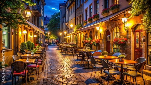 Romantic European City Street Night - Al Fresco Dining Scene photo