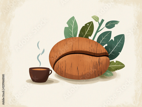 This image shows a large coffee bean with green plants in the background. The surface of the coffee bean shows a woody texture with obvious cracks, highlighting the characteristics of nature. Nearby w