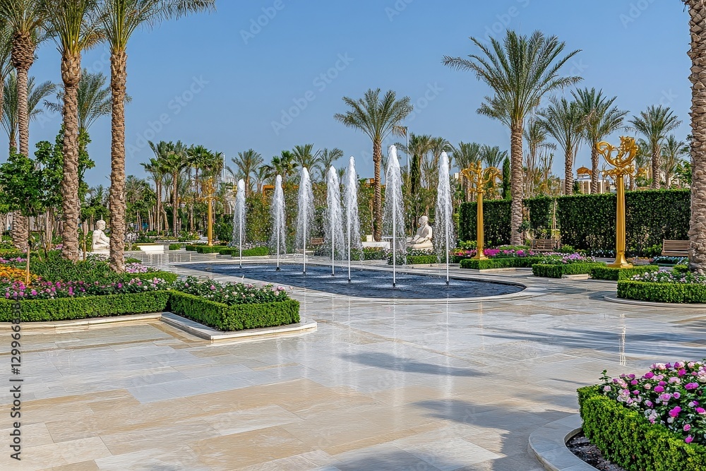 Fototapeta premium Misty Sunrise Over Grand Palace Garden with Fountains and Rainbows