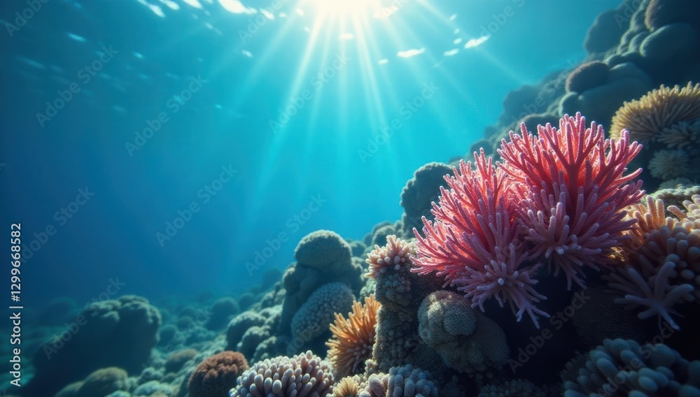 Obraz premium Sunlit Underwater Coral Reef Background with Text Space. Ideal background for underwater themed messages, invitations