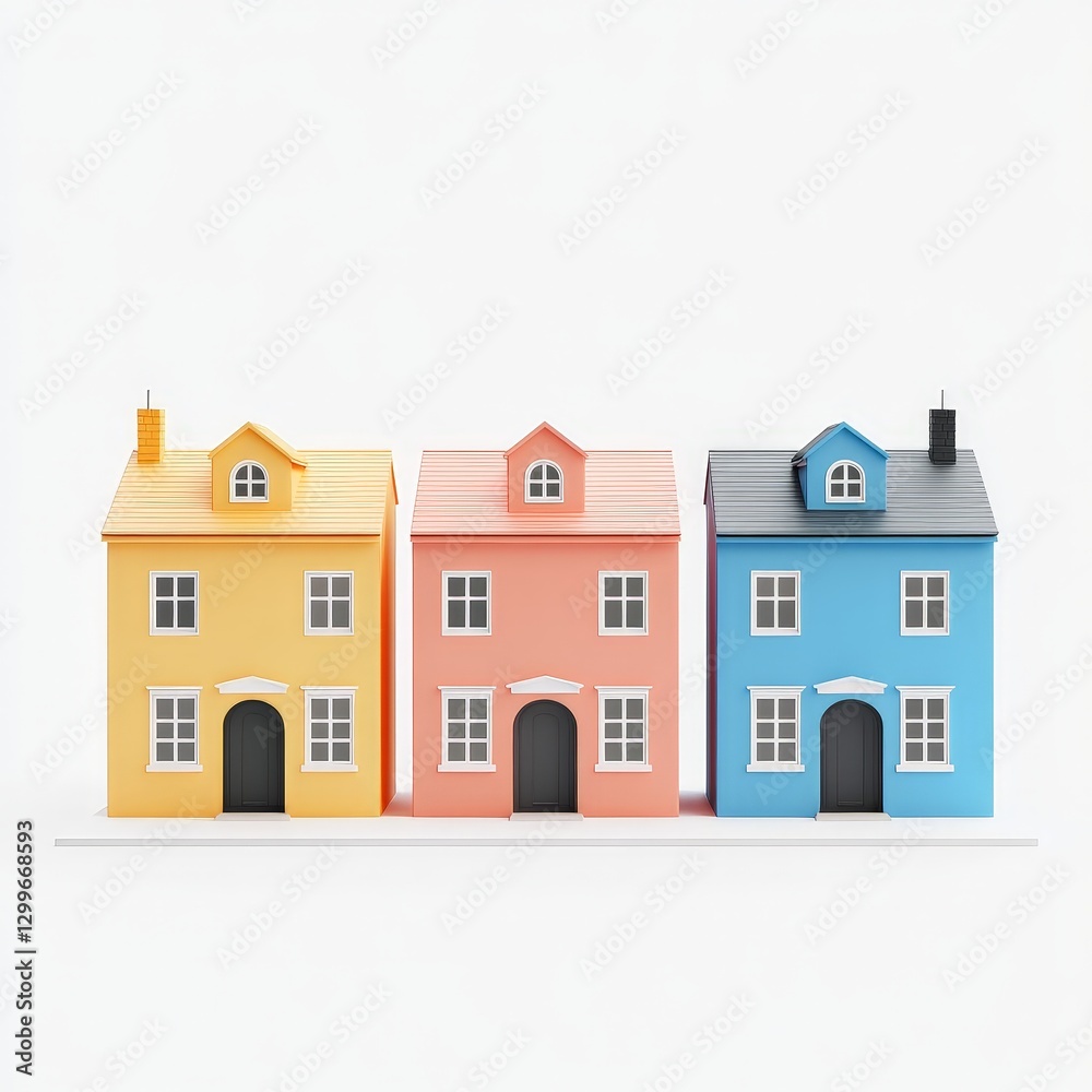 Colorful 3D Rendering of Three Houses in Cityscape Colorful 3D Rendering of Three Houses in Cityscape