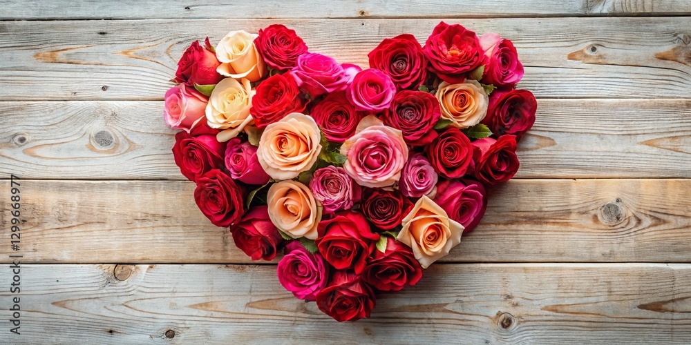 Romantic Red & Pink Roses Heart Arrangement on White Wood - Valentine's Day Stock Photo Romantic Red & Pink Roses Heart Arrangement on White Wood - Valentine's Day Stock Photo