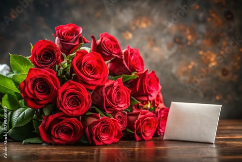 Romantic Red Rose Bouquet & Blank Note, Anniversary, Valentine's Day, Congratulations