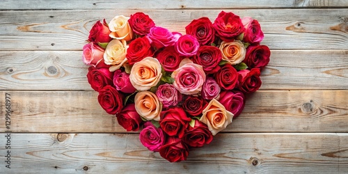 Romantic Red & Pink Roses Heart Arrangement on White Wood - Valentine's Day Stock Photo