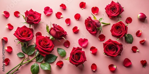 Romantic Red Roses and Petals Flat Lay, Pink Background, Copy Space - Stock Photo