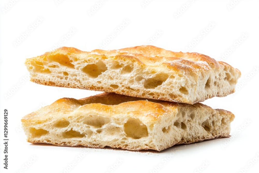 Stacked slices of focaccia with bright bakery light showcasing a delicious Italian recipe crust Stacked slices of focaccia with bright bakery light showcasing a delicious Italian recipe crust