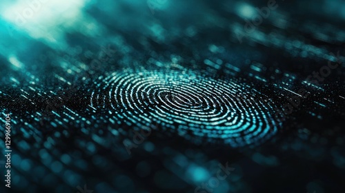 Abstract cyan fingerprint close up on dark surface representing biometric authentication identification digital scan
