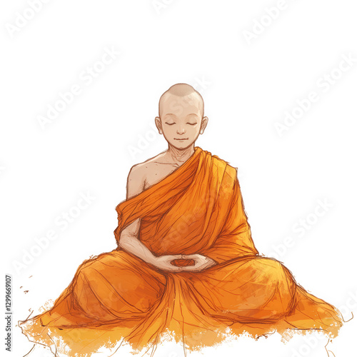 A clean, modern digital drawing of a Buddhist monk sitting in meditation, dressed in a flowing orange robe, transparent background, PNG