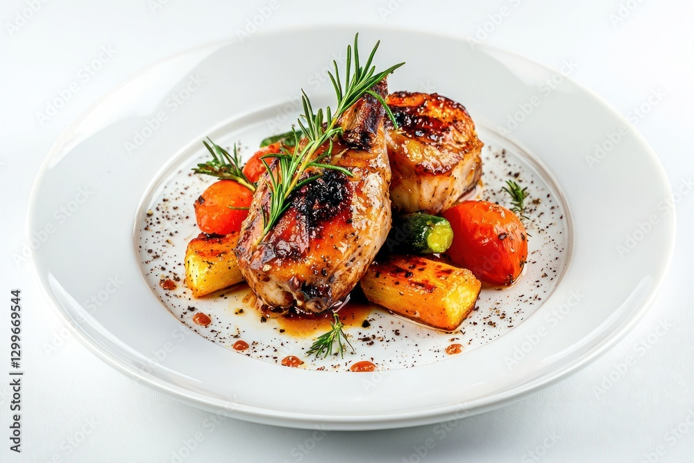 Grilled pork chop served with roasted vegetables and herbs on a white plate a culinary delight meal presentation Grilled pork chop served with roasted vegetables and herbs on a white plate a culinary delight meal presentation
