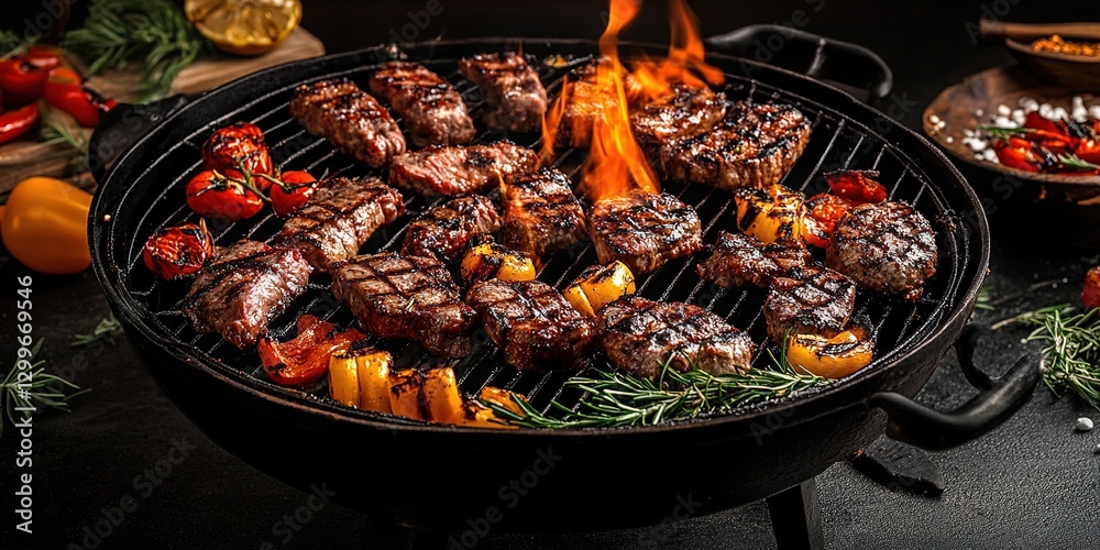Assorted delicious grilled meat with vegetables over the coals on a barbecue