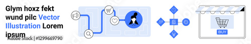 Marketing icons showing customer profile, social media links, directional decision-making, and online shopping cart. Ideal for advertising, e-commerce, branding, sales strategy, online stores