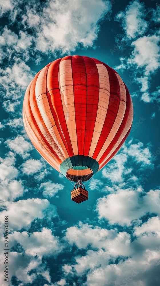 Naklejka premium Red balloon ascends, cloudy sky, travel poster