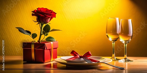 Romantic Valentine's Day Table Setting Silhouette - Yellow Background