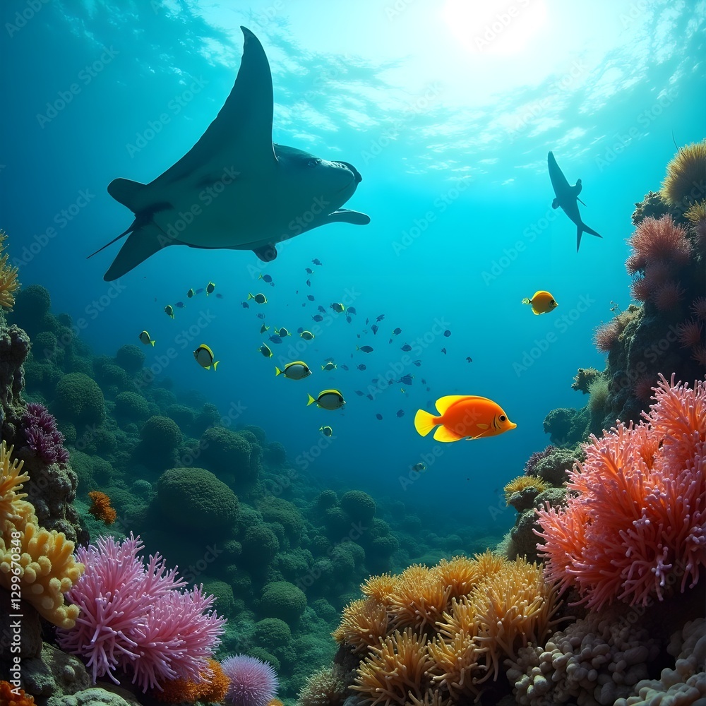 Fototapeta premium A colorful reef with a large shark and a small orange fish