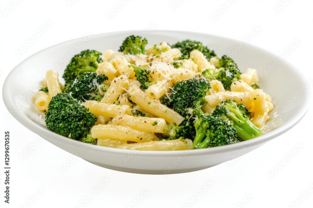 Delicious pasta with fresh broccoli and grated cheese in white bowl isolated on white background studio shot nutritional meal Delicious pasta with fresh broccoli and grated cheese in white bowl isolated on white background studio shot nutritional meal