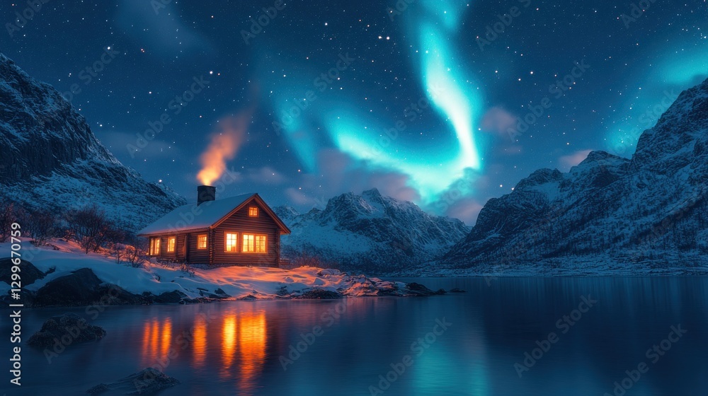 Fototapeta premium Cozy cabin, aurora borealis, snowy mountains, night, reflection