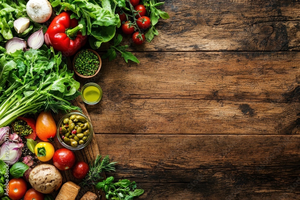 Fresh vegetables and greens on wooden table for healthy eating rich colors and inviting mood from above Fresh vegetables and greens on wooden table for healthy eating rich colors and inviting mood from above