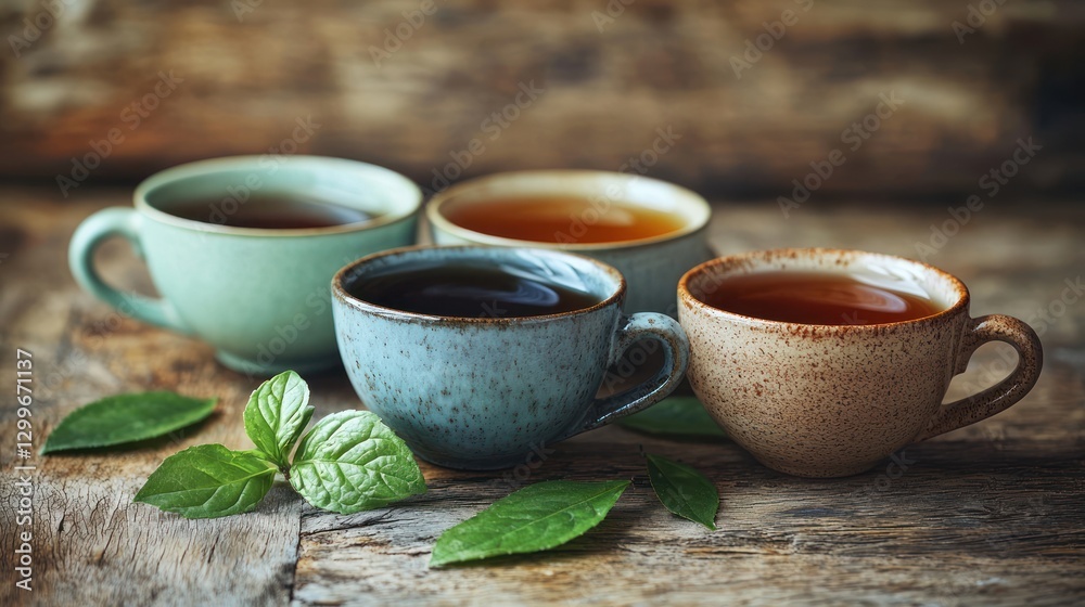Serene assortment of herbal teas in rustic cups with fresh mint on weathered wooden surface calm morning Serene assortment of herbal teas in rustic cups with fresh mint on weathered wooden surface calm morning