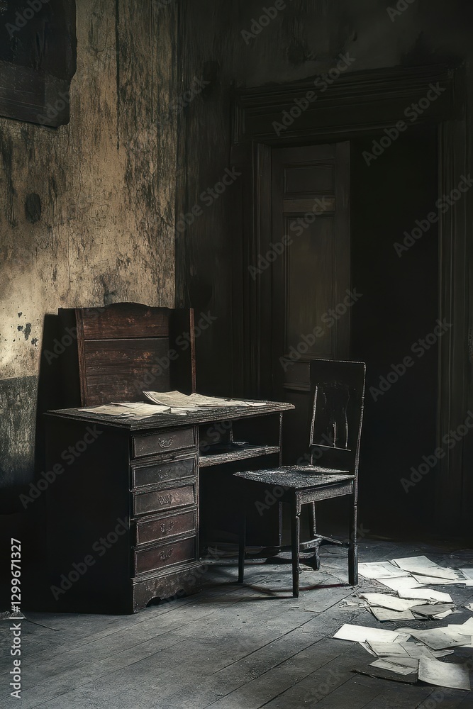 Abandoned Desk and Chair Scene Abandoned Desk and Chair Scene