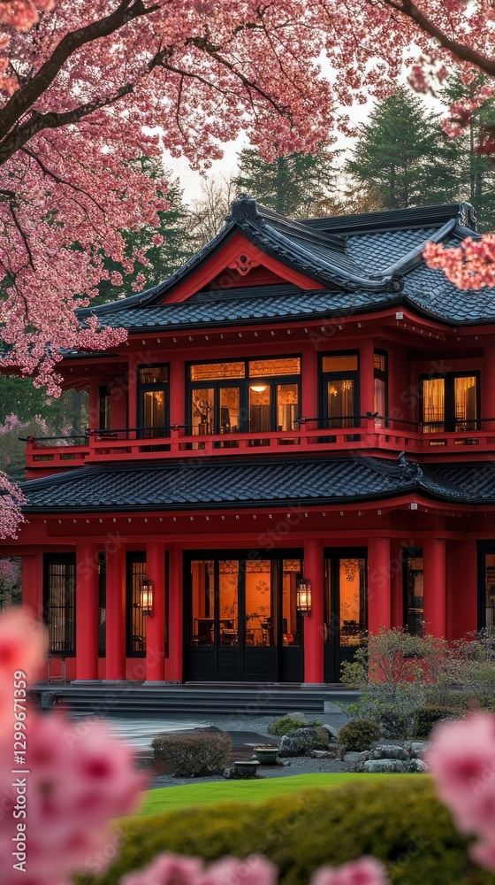 Red house, cherry blossoms, garden, dusk, serenity Red house, cherry blossoms, garden, dusk, serenity