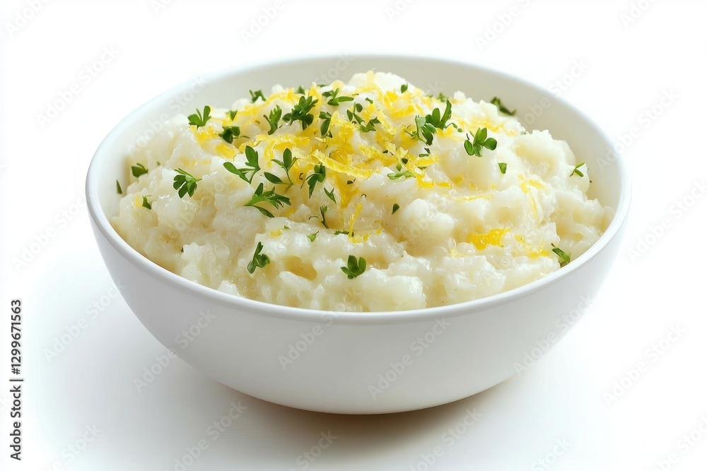 Creamy mashed cauliflower with vibrant parsley and lemon zest in a white bowl closeup shot Creamy mashed cauliflower with vibrant parsley and lemon zest in a white bowl closeup shot