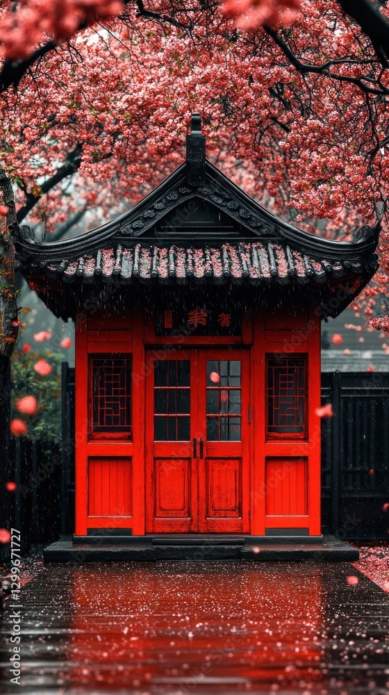 Red Pavilion, Cherry Blossoms, Rain, Garden, Calm Red Pavilion, Cherry Blossoms, Rain, Garden, Calm