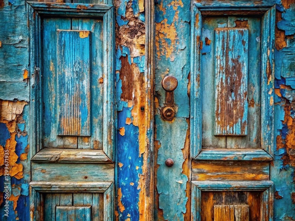 Naklejka premium Rustic Blue Peeling Paint Old Wooden Door Texture Background