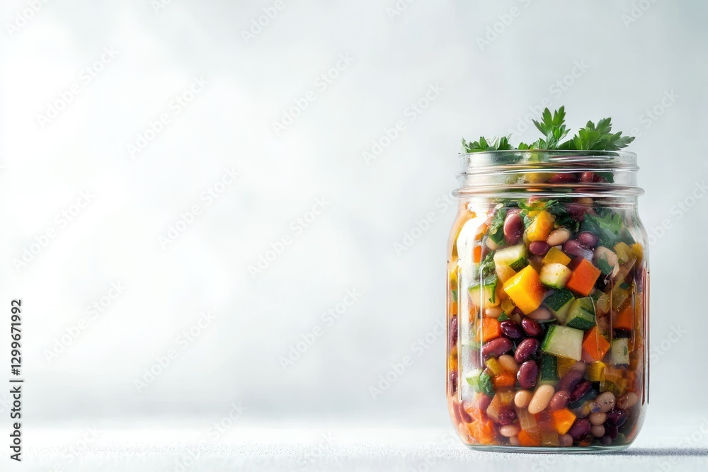 Colorful mason jar salad with beans carrots and zucchini on white neutral background healthy vegan food Colorful mason jar salad with beans carrots and zucchini on white neutral background healthy vegan food