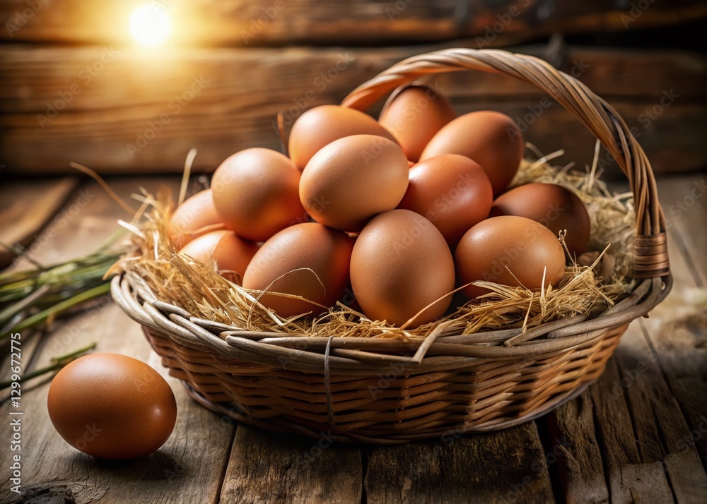 Rustic Farm Fresh Free Range Brown Eggs in Basket Rustic Farm Fresh Free Range Brown Eggs in Basket