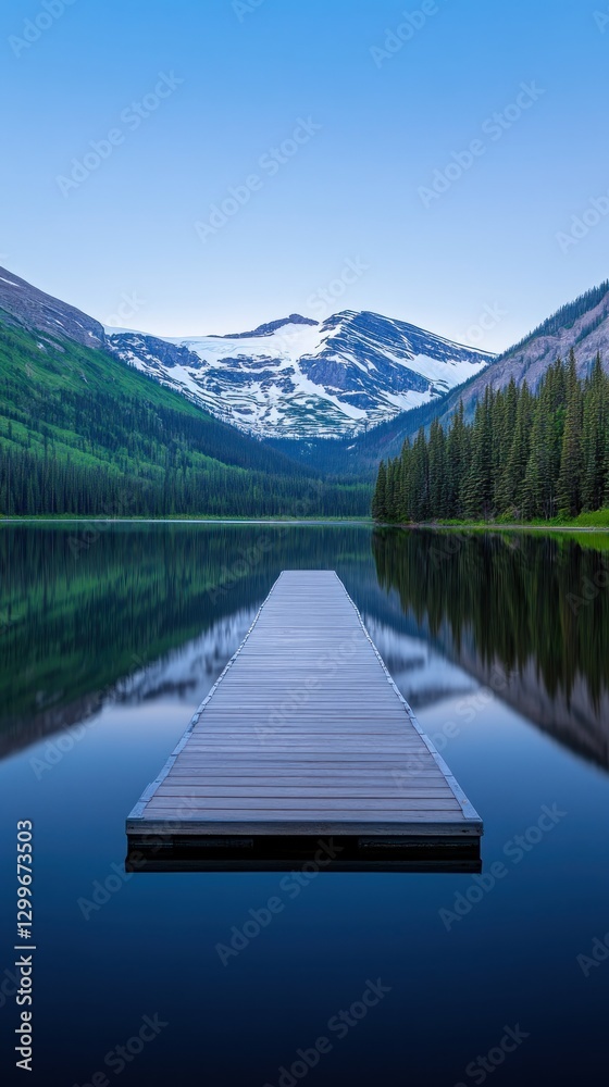 Calm mountain lake with pier for meditation, relaxation, and peaceful scenery Calm mountain lake with pier for meditation, relaxation, and peaceful scenery