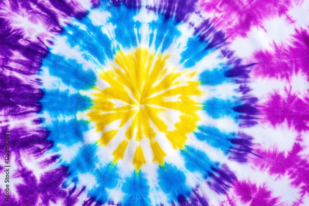 Obraz premium Vibrant Tie-Dye Spiral Burst in Sunny Yellow, Aqua, and Radiant Violet