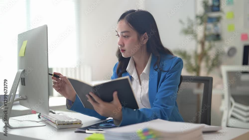 A woman is sitting at a desk reading a book. She is wearing a blue jacket and a white shirt A woman is sitting at a desk reading a book. She is wearing a blue jacket and a white shirt