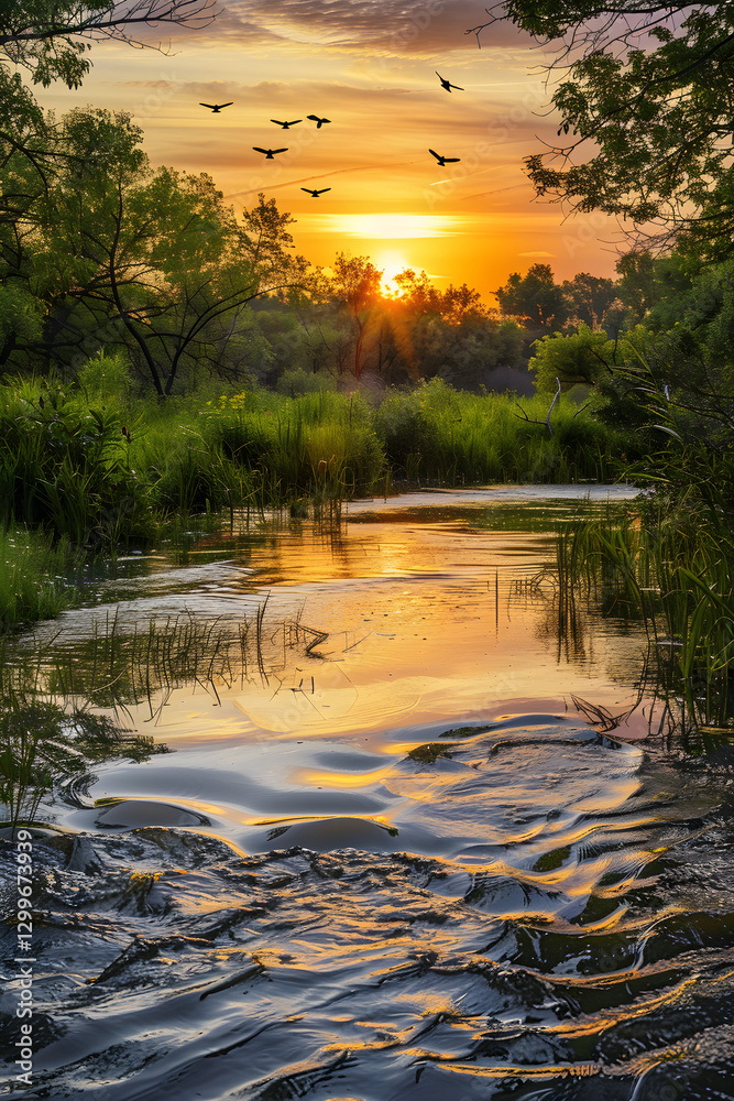 Obraz premium Serene Sunset Landscape with River, Lush Green Trees, and Birds in Flight