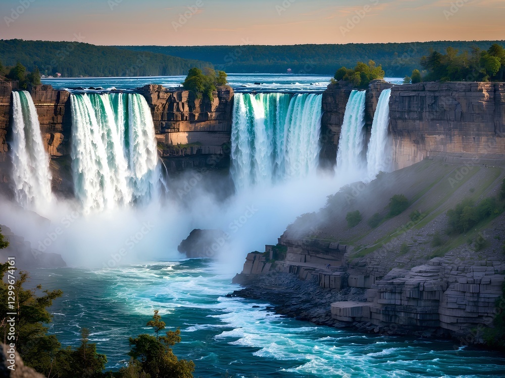 Fototapeta premium Experience Niagara Falls: One of the World’s Most Powerful Waterfalls, Cascading Over 167 Feet with Roaring Rapids, Stunning Rainbows, and Breathtaking Views from Both the US and Canada