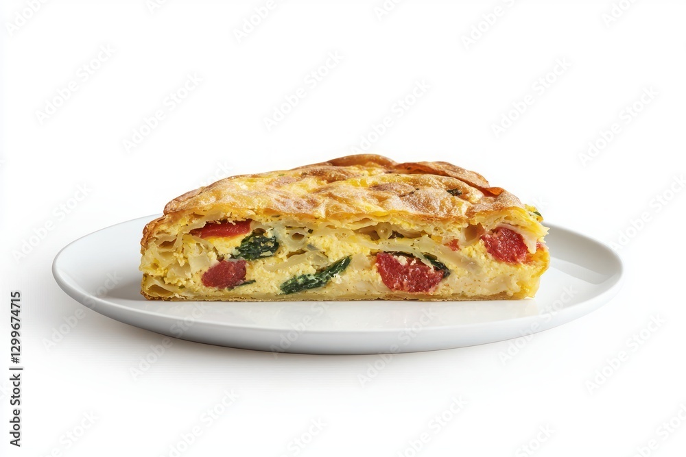 Appetizing quiche slice with tomato and spinach on a white plate offering a delightful culinary experience Appetizing quiche slice with tomato and spinach on a white plate offering a delightful culinary experience